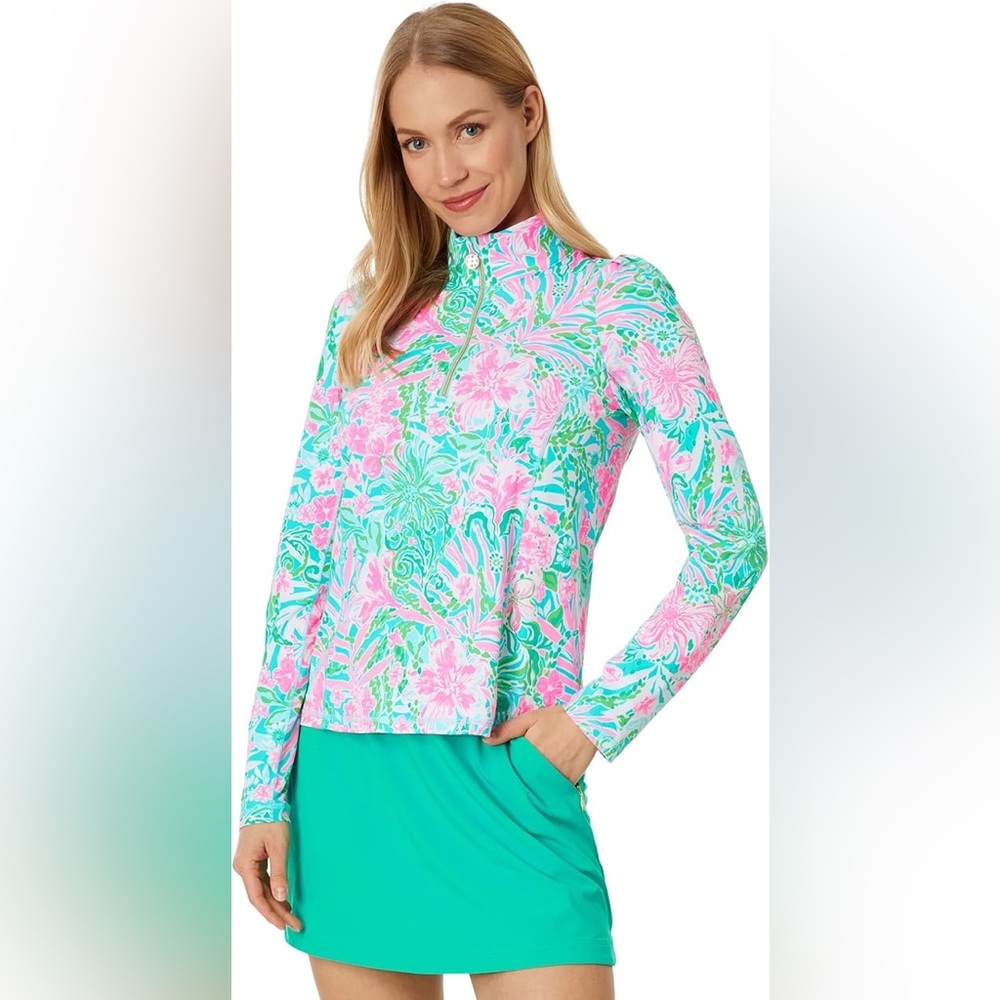 Lilly Pulitzer Pink & Aqua Floral Long-Sleeve Zip Mock Top